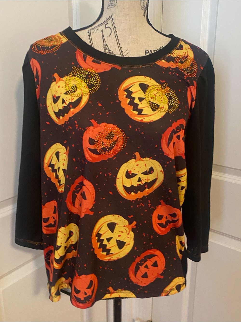 Women's Halloween Pumpkin Rhinestone detail 3/4 Sleeve - Black/Orange/Yellow XL